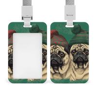 Two Pugs Wearing Hats Retractable ID Badge Holder with Lanyard - Vertical Badge Reel,Keychain Clip,Name Tag Id Card Holder Protector for Nurse Officer Teacher Security Staff Women Men