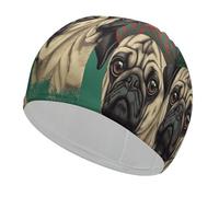 Two Pugs Wearing Hats Swim Cap for Women Men Swimming Hat Bath Waterproof Pool Caps for Long Thick Curly Hair