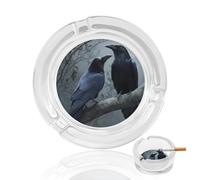 Two Ravens Sitting on Branch Glass Ashtrays for Cigarettes Round Ash Tray for Home Office Deck Indoor Or Outdoor Use 3.3"