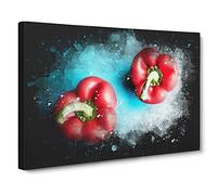 Two Red Bell Peppers Paint Splash Canvas Print | Gallery Wrapped 30mm Frame Wall Art | 20x14 inches | Ready to Hang | Modern Picture | Living Room Bedroom Lounge Office