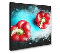 Two Red Bell Peppers Paint Splash Canvas Print | Gallery Wrapped 30mm Frame Wall Art | 20x20 inches | Ready to Hang | Modern Picture | Living Room Bedroom Lounge Office