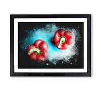 Two Red Bell Peppers Paint Splash Modern Art Framed Print | A3 Black Framed Wall Art | Ready to Hang | Modern Nature Picture | Living Room Bedroom Lounge Office