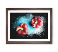 Two Red Bell Peppers Paint Splash Modern Art Framed Print | A3 Walnut Framed Wall Art | Ready to Hang | Modern Nature Picture | Living Room Bedroom Lounge Office