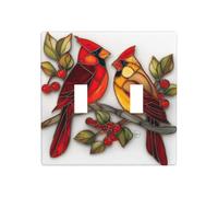 Two Red Birds On Branch with Red Berries Double Gang Toggle Light Cover Wall Plate Switch Decor Standard Size - 11.4x11.4cm