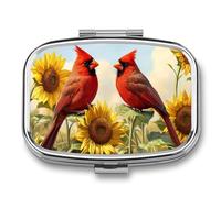 Two Red Birds Perched on Sunflowers Pill Box 2 Compartment Portable Medicine Pill Case Travel Pill Organizer for Pocket Purse