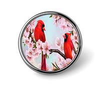 Two Red Cardinal Bird on Branch Almonds Blossom Flowers Round Brooch Pin, Unisex Smooth Lapel Tie Pin, Lightweight Badge Jewelry Crafts Decor for Costume Accessory Men Women