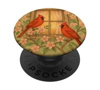 Two Red Cardinals Sitting Beside a Garden Window PopSockets Adhesive PopGrip