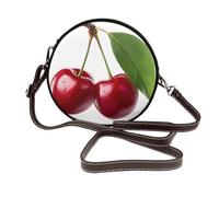 Two Red Cherries With Leaves Women Round Crossbody Bags Leather Sling Bag Purse
