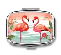 Two Red Flamingos Pill Box Portable Travel Pill Organizer Retro Durable 2 Compartments for Vitamins, Medication, Fish Oil and Supplements