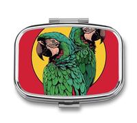 Two Red Parrots Pill Box, Portable Pill Organizer, Medicine Pill Container with Mirror and 2 Compartments, Daily Medicine Organizer, Travel Pill Case for Pocket Or Purse