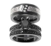 Two Rings His Hers Wedding Ring Sets Couples Matching Rings Women's 2pc Black Gold Filled Red CZ Wedding Engagement Ring Bridal Sets Men's Stainless steel Wedding Band, women's size 7 & men's size 9
