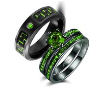 Two Rings His Hers Wedding Ring Sets Couples Matching Rings Women's 2pc Black Gold Filled Red CZ Wedding Engagement Ring Bridal Sets Men's Stainless steel Wedding Band, women's size 8 & men's size 13