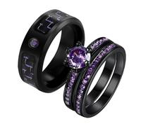 Two Rings His Hers Wedding Ring Sets Couples Matching Rings Women's 2pc Black Gold Filled Red CZ Wedding Engagement Ring Bridal Sets Men's Stainless steel Wedding Band, women's size 8 & men's size 10