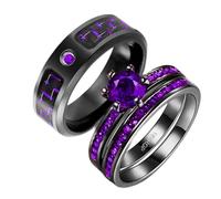 Two Rings His Hers Wedding Ring Sets Couples Matching Rings Women's 2pc Black Gold Filled Red CZ Wedding Engagement Ring Bridal Sets Men's Stainless steel Wedding Band, women's size 10 & men's size 9