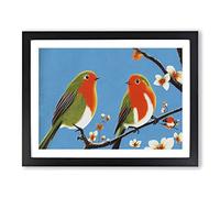 Two Robin Birds Framed Print | A4 Black Framed Wall Art | Ready to Hang | Modern Animal Picture | Living Room Bedroom Lounge Office