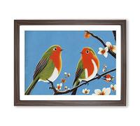 Two Robin Birds Framed Print | A4 Walnut Framed Wall Art | Ready to Hang | Modern Animal Picture | Living Room Bedroom Lounge Office