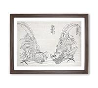 Two Roosters By Katsushika Hokusai Asian Japanese Framed Print | A4 Walnut Framed Wall Art | Ready to Hang | Asian Animal Picture | Living Room Bedroom Lounge Office