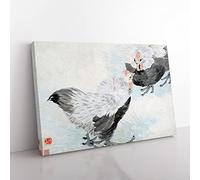 Two Roosters By Ren Yi Asian Japanese Canvas Wall Art Print Ready to Hang, Framed Picture for Living Room Bedroom Home Office Décor, 50x35 cm (20x14 Inch)