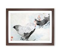 Two Roosters By Ren Yi Asian Japanese Framed Print | A2 Walnut Framed Wall Art | Ready to Hang | Asian Animal Picture | Living Room Bedroom Lounge Office