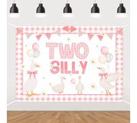 Two Silly Goose Birthday Backdrop Goose 2nd Birthday Decoration Pink Little Goose Photography Background Pink Bow Daisy Balloons Banner for Girl Farm Animal Themed Second Birthday Party Supplies 7*5ft