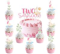 Two Silly Goose Cake Cupcake Toppers, Goose 2nd Birthday Decoration Pink Floral Silly Goose Cake Decorations for Girls Farm Animal Theme Second Birthday Party Decor Supplies
