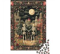 Two Skeletons Holding Hands in The Moonlight, Gothic Architecture,Puzzles Gemusterte Nachhaltige Puzzles Für Erwachsene Hochwertige Holzspielpuzzles 70x50cm/1000pcs