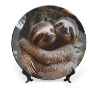 Two Sloths Hugging Decorative Plate with Stand - Bone China Ornamental Ceramic Display Plate for Wall Hanging And Tabletop Decor, Gift for Home, Office, Bohemian Style Dinner Dish 8inch