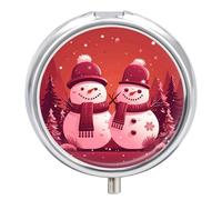 Two Snowmen Together Pill Box Cute Round Pill Case Portable Medicine Tablet Vitamin Holder Organizer for Purse Pocket