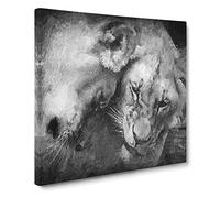 Two Snuggling Lions Canvas Print | Gallery Wrapped 30mm Frame Wall Art | 14x14 inches | Ready to Hang | Modern Animal Picture | Living Room Bedroom Lounge Office