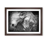Two Snuggling Lions Framed Print | A2 Walnut Framed Wall Art | Ready to Hang | Modern Animal Picture | Living Room Bedroom Lounge Office
