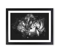 Two Snuggling Tigers Paint Splash Modern Art Framed Print | A4 Black Framed Wall Art | Ready to Hang | Modern Animal Picture | Living Room Bedroom Lounge Office