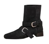 Two Step Wear Belt Buckle Thick Heel Flip Across Western Boots Autumn and Winter Sleeve Boots Cowboy Boots for Women (Black, 5.5)