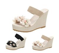 Two Strap Sandals Womens Wedge High Heel Platform Sandals For Women Non Slip Walking Slides Open Toe Slip On Slippers Comfy Beach Sandal With Flower Beach Holiday Slipper Elegant Dress Slide