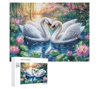 Two Swans Forming Heart Shape on Lotus Lake 500 Piece Jigsaw Puzzle for Teens 14+ Party Game Logic Thinking Gift for Social Gathering 500 PCS
