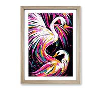 Two Swans In Colour Abstract Framed Print | A3 Oak Framed Wall Art | Ready to Hang | Abstract Animal Picture | Living Room Bedroom Lounge Office