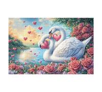 Two Swans with Pink Hearts Among Flowers 1000 Piece Complete Jigsaw Puzzle Set Teens Beginners Mind Relaxation Puzzle Fans Group Play Anniversary Fathers Gift Thick Cardboard 1000 PCS