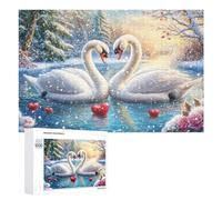 Two Swans with Red Hearts in Snowy Forest 1000 Piece Jigsaw Puzzle for Couples Home Leisure Activity Joint Problem Solving Gift for Wedding 1000 PCS