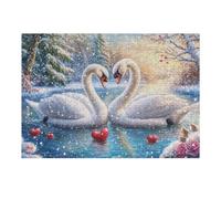 Two Swans with Red Hearts in Snowy Forest 300 Piece Jigsaw Puzzle for All Ages Easter Gift Idea Family Gathering Durable Pieces Stress Relief Home Decor 300 PCS