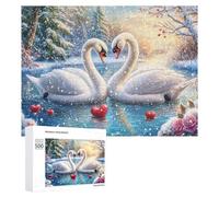 Two Swans with Red Hearts in Snowy Forest 500 Piece Jigsaw Puzzle for Seniors Indoor Mind Game Cognitive Balance Gift for Leisure Time 500 PCS