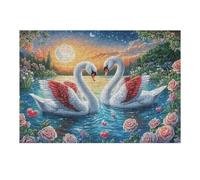 Two Swans with Red Hearts on Moonlit Lake 300 Piece Count Jigsaw Puzzle Set For Adults Teens 14+ Concentration Training Indoor Game Family Game Night Rigid Cardboard 300 PCS