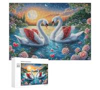 Two Swans with Red Hearts on Moonlit Lake 300 Piece Jigsaw Puzzle for Couples Indoor Cooperative Play Communication Skill Gift for Couples 300 PCS