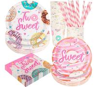Two Sweet Birthday Party Decorations - 120Pc Donut Themed Supplies, Includes Paper Plates, Napkins, Cups & Straws | Serves 24