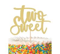 Two Sweet Cake Topper - Glitter Gold 2nd Birthday Cake Decorations, Second Anniversary Cake Pick (Gold)