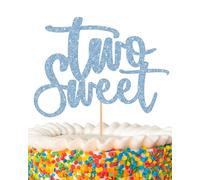 Two Sweet Cake Topper - Glitter Sky Blue 2nd Birthday Cake Decorations, Second Anniversary Cake Pick (Sky Blue)