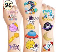 Two the moon 2nd Birthday Temporary Tattoos - Space Adventure with Astronauts and Galaxy Theme - 91PCS Tattoos for Kids' Birthday Party, Decorations, Favors, and Gifts