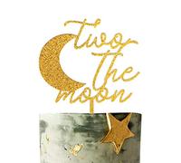 Two the Moon Cake Topper, 2nd Birthday Cake Topper Space Galaxy Solar System Themed, Double Sided Gold Glitter Acrylic, Premium Quality