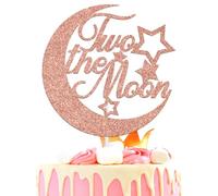 Two The Moon Cake Topper - Happy 2nd Birthday Anniversary Cake Decoration - Two Cute - Kid's Second Birthday Party Supplies for Boy Girl, Rose Gold Glitter