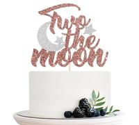 Two the Moon Cake Topper, Happy 2nd Birthday Cake Decor, Baby Shower, Space Stars Moon Two Birthday Party Decorations Supplies Rose Gold Glitter