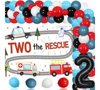 Two The Rescue Party Decorations 2nd Birthday Party Decor Black Red Balloon Garland Arch Kit Helicopter Fire Truck Backdrop Number 2 Foil Balloon Banner for Boys 2nd Birthday Party Decor Supplies