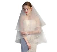 Two Tier Bridal Veil White Color Double Ribbon Edge Trim | Bachelorette Party Veil With Comb for Bachelorette Night Role Play Photography Bridal Shower Engagement Wedding Reception